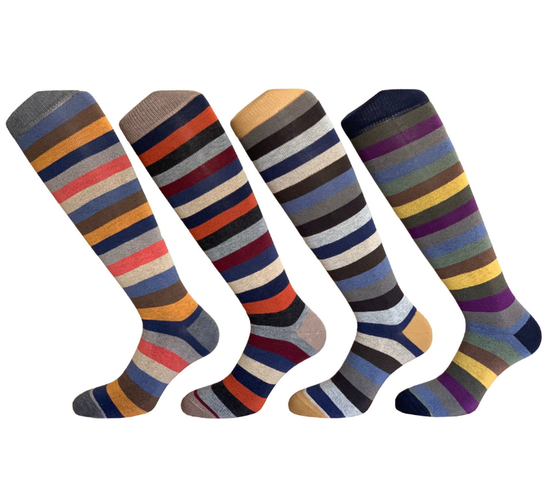 4 Paia Calze Calzini Lunghi Uomo in Caldo Cotone a Righe Made in Italy - Taglia Unica